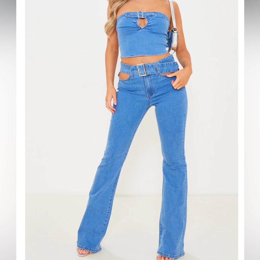 PrettyLittleThing Light Blue Flared Jeans with Matching Belt